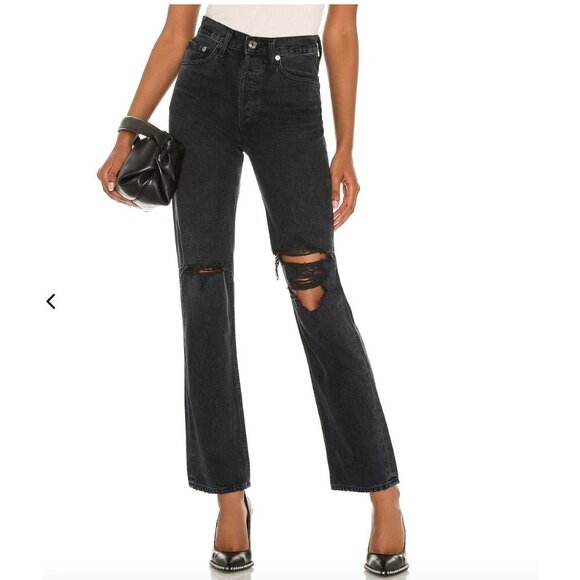 Agolde Lana Straight Jeans in Disorder Black Knee Rips Size 26 - Picture 1 of 11